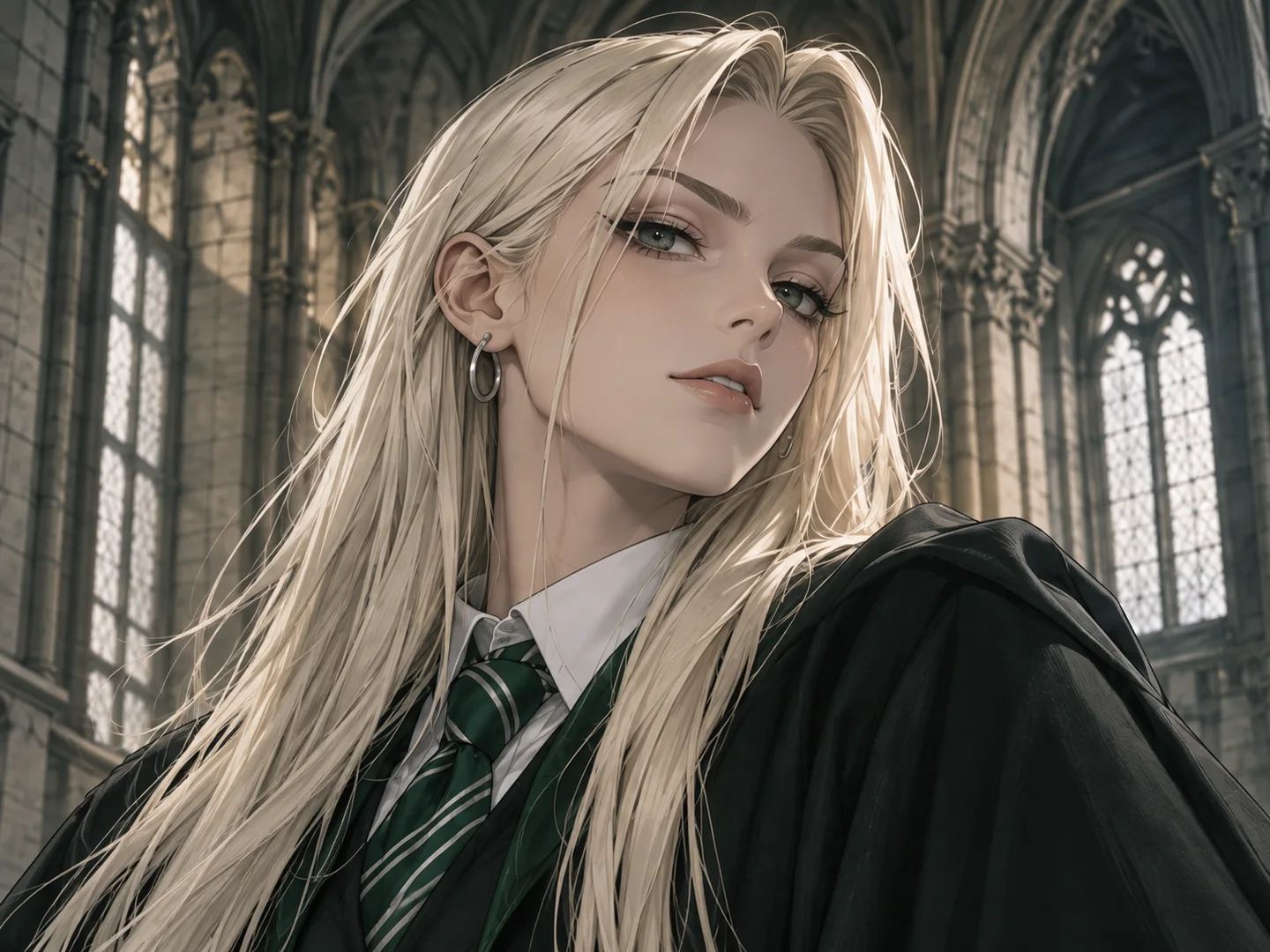 Illustration of Malfoid with platinum hair and an emerald robe in a stone gallery